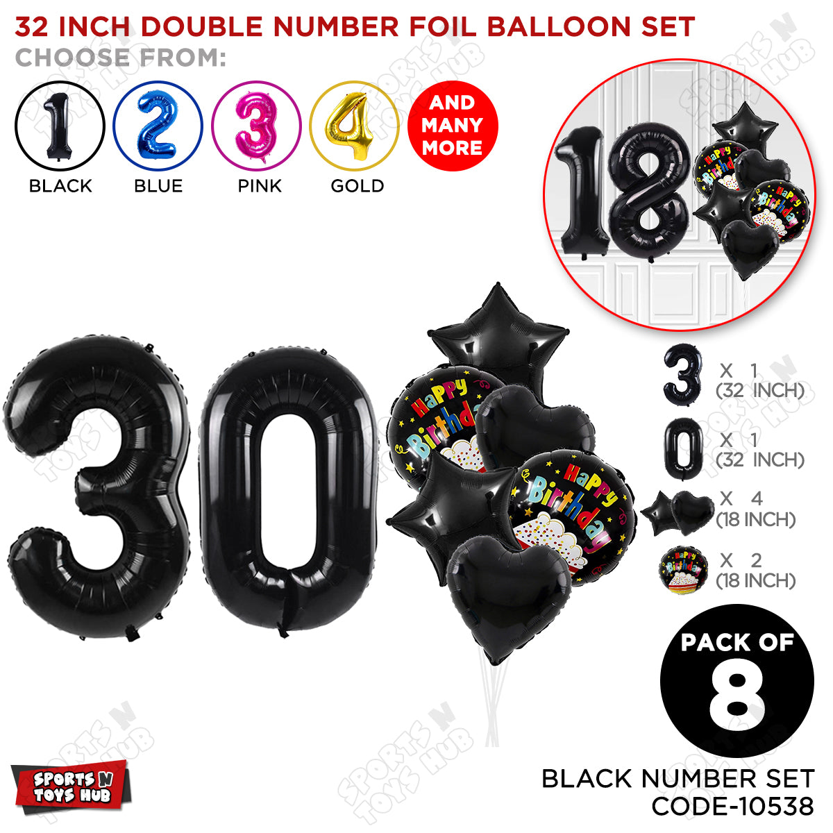 Black Color 32 Inch Number Foil Balloon With Round Printed Balloon Set