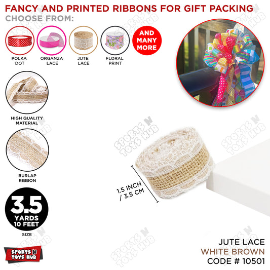 Rustic Jute Lace Ribbon Roll – Burlap Ribbon with White Lace Edge for Gift Wrapping, Wedding Decor & Crafts