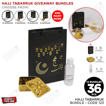 Hajj Tabarruk Bundle - 6x9x2.5 Inch Paper Card Bag with 3x3 Plastic Favor Box & 100ml Zam Zam Bottle - 36 pcs / 12 Bundles