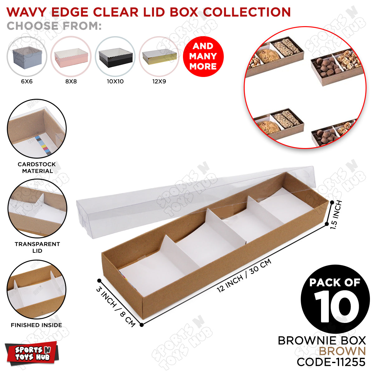 Long Brownie Clear Lid 4 Partition Box 3x12x1.5 Inch - Pack Of 10