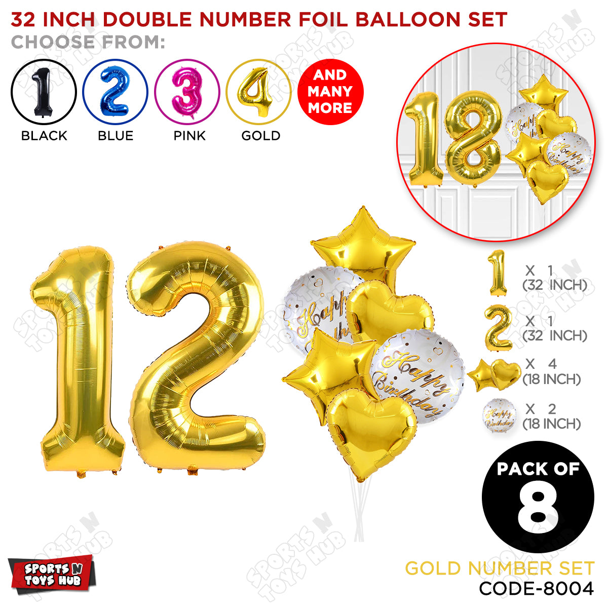 32 Inch Gold Color Number Foil Balloon With Round Printed Balloon Set