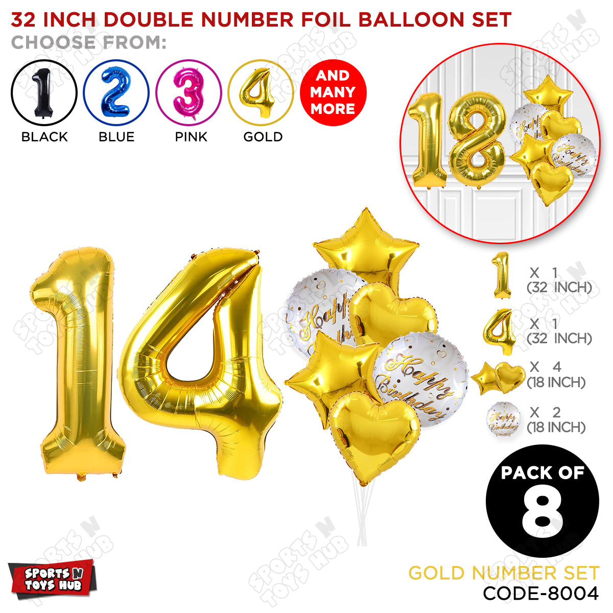 32 Inch Gold Color Number Foil Balloon With Round Printed Balloon Set