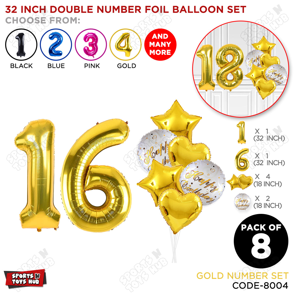 32 Inch Gold Color Number Foil Balloon With Round Printed Balloon Set