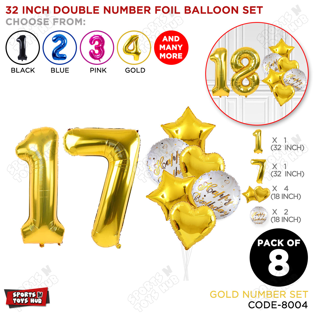 32 Inch Gold Color Number Foil Balloon With Round Printed Balloon Set