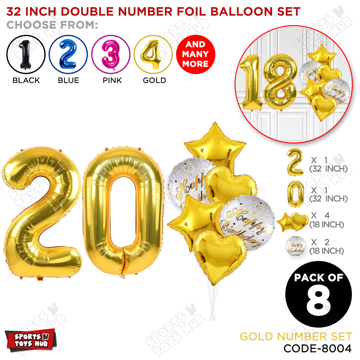 32 Inch Gold Color Number Foil Balloon With Round Printed Balloon Set