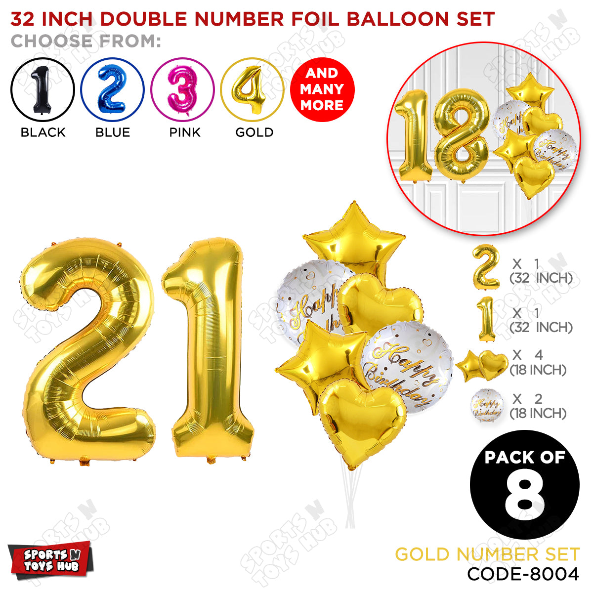 32 Inch Gold Color Number Foil Balloon With Round Printed Balloon Set