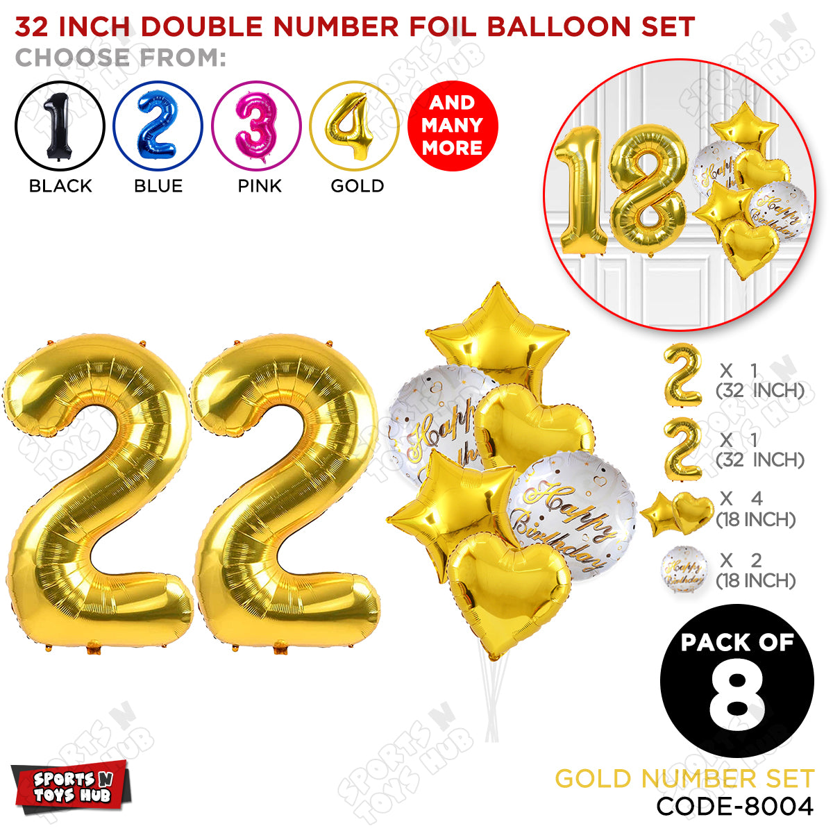 32 Inch Gold Color Number Foil Balloon With Round Printed Balloon Set