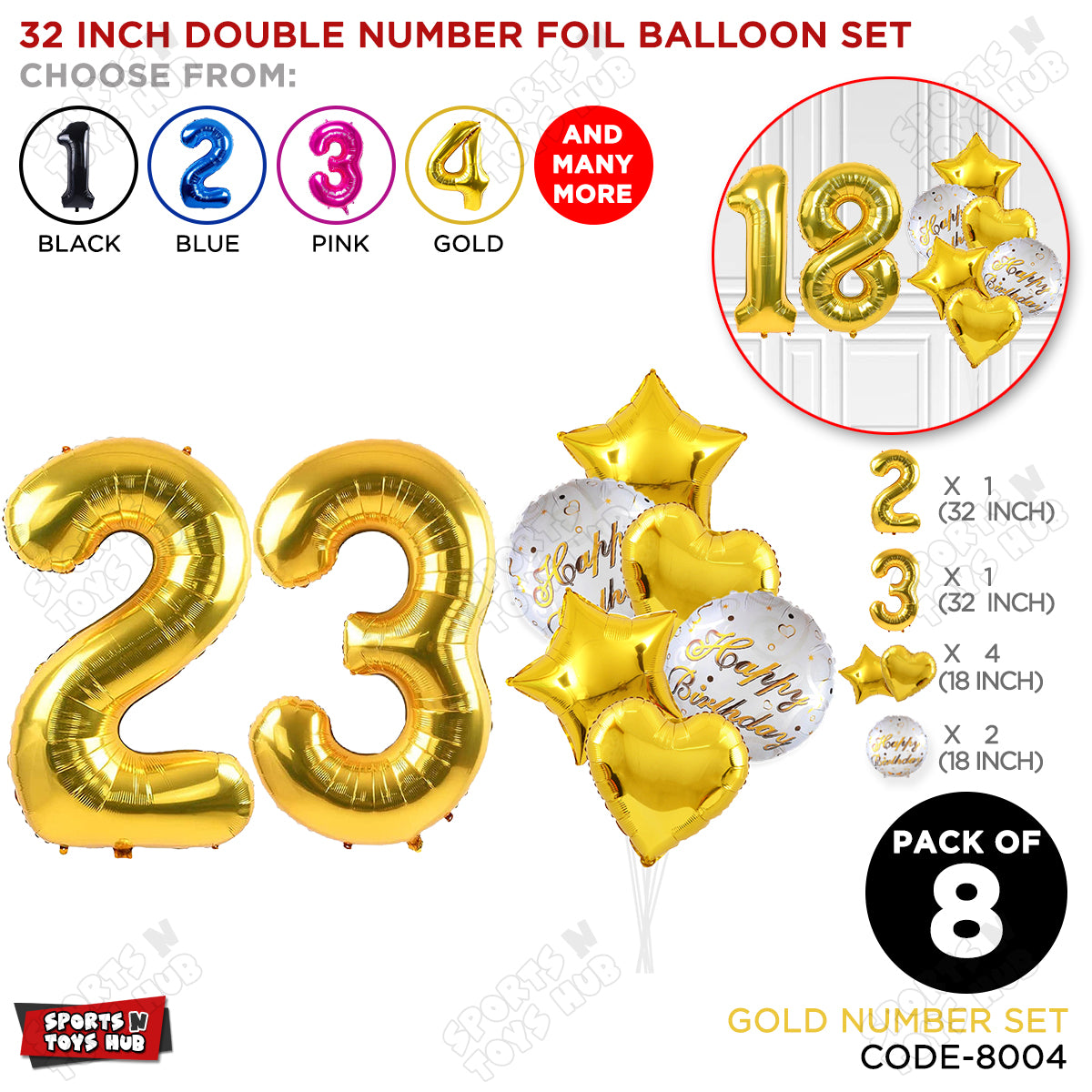 32 Inch Gold Color Number Foil Balloon With Round Printed Balloon Set