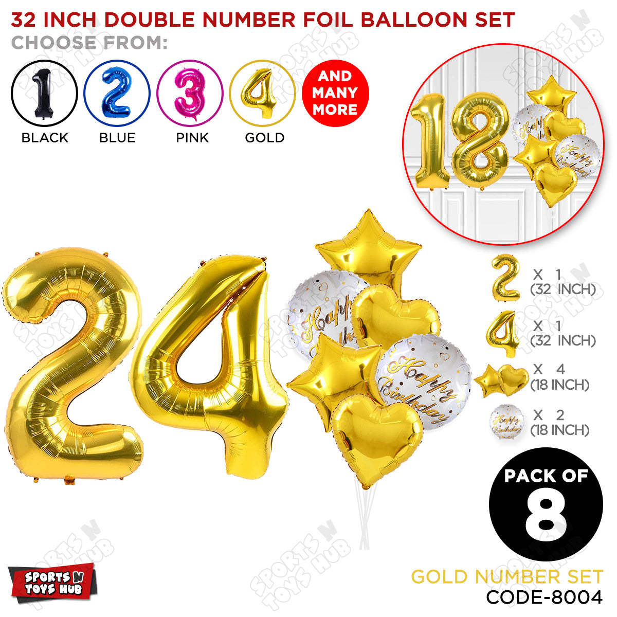 32 Inch Gold Color Number Foil Balloon With Round Printed Balloon Set