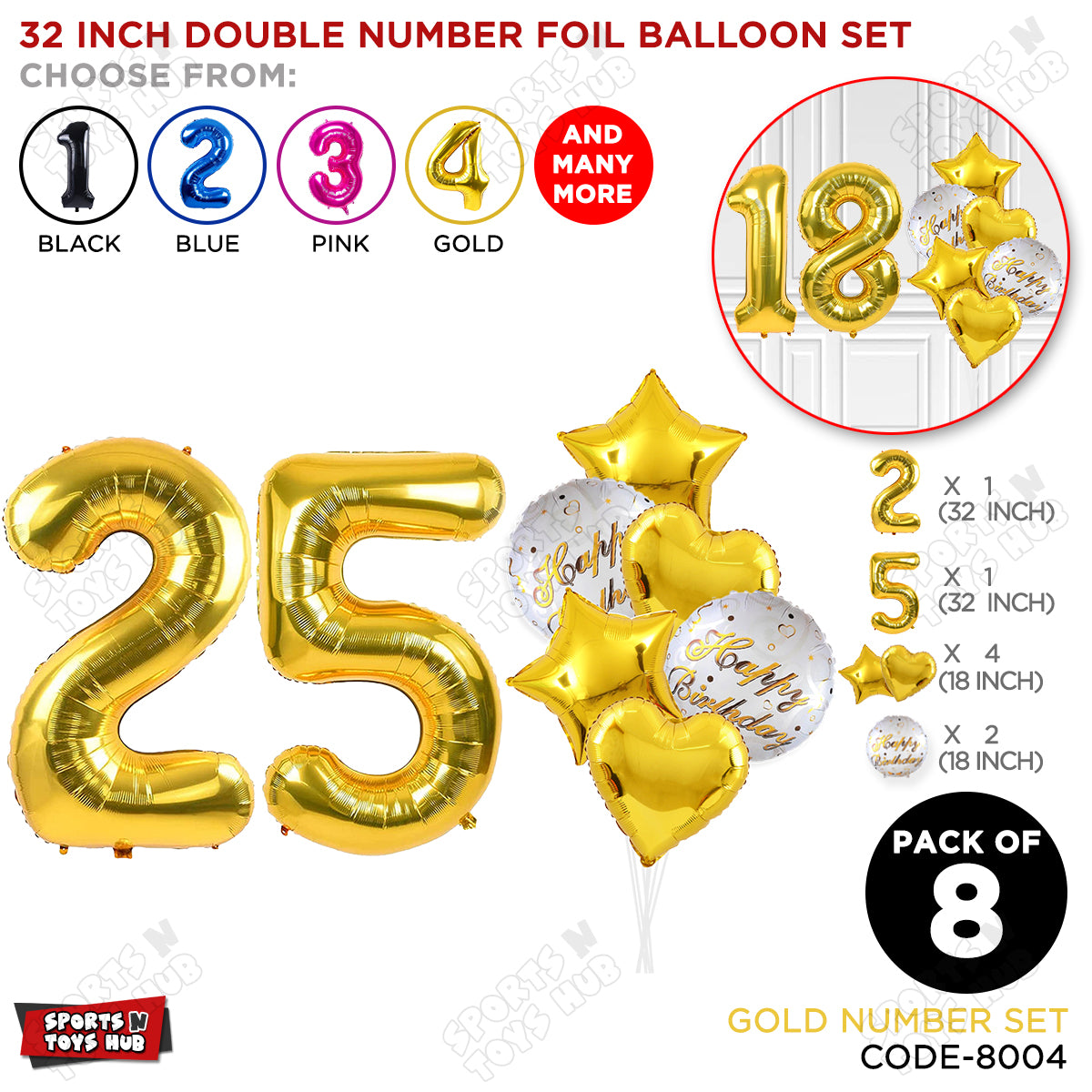 32 Inch Gold Color Number Foil Balloon With Round Printed Balloon Set