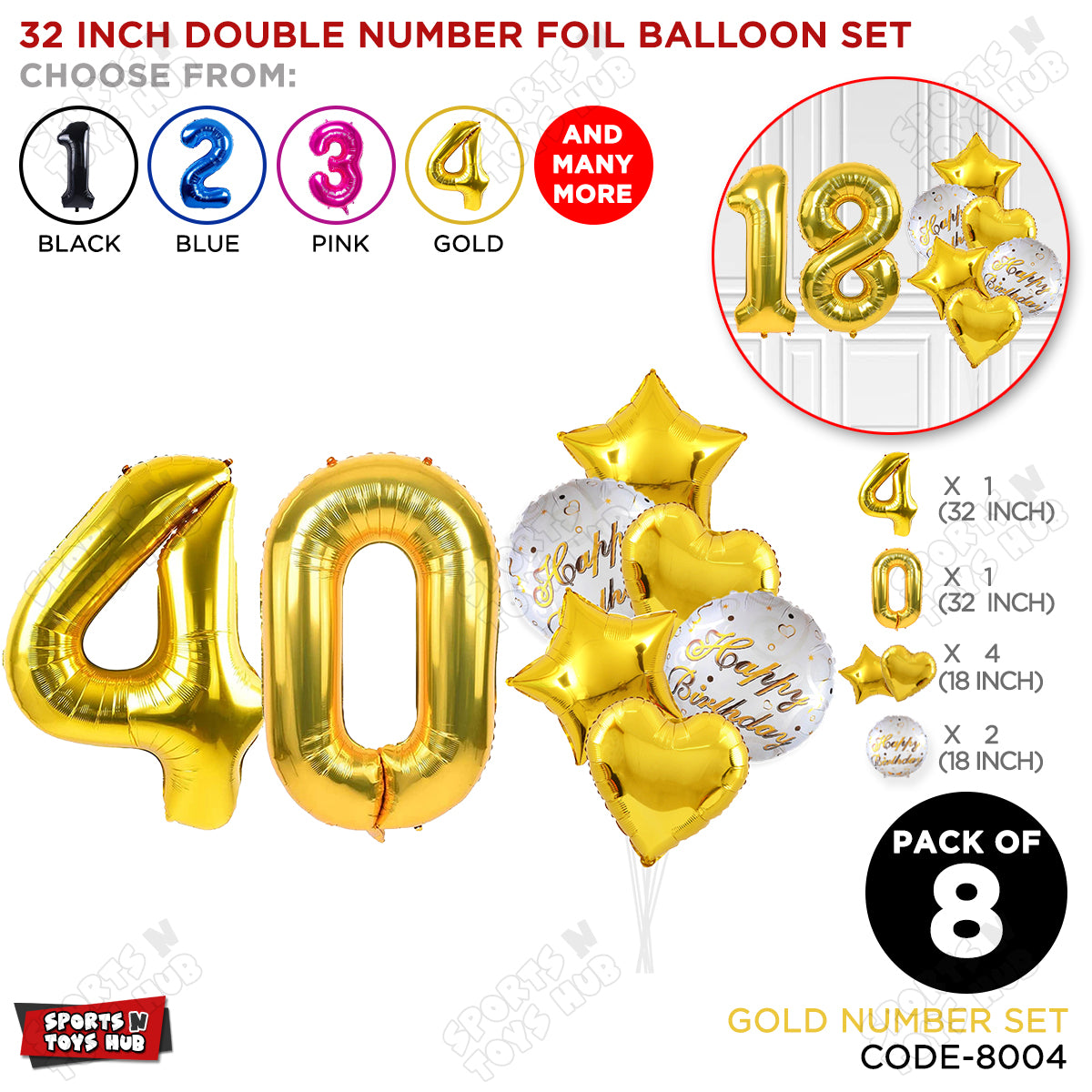 32 Inch Gold Color Number Foil Balloon With Round Printed Balloon Set