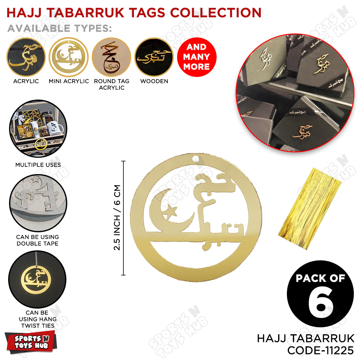Hajj Tabarruk Round Tag Style Acrylic Cake Topper - Pack Of 6