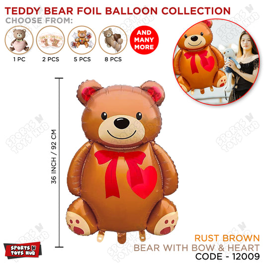 Teddy Bear Foil Balloon with Bow & Heart Print – Cute Bear Balloon | Valentine’s Day, Birthday, Baby Shower, Anniversary & Party Decoration