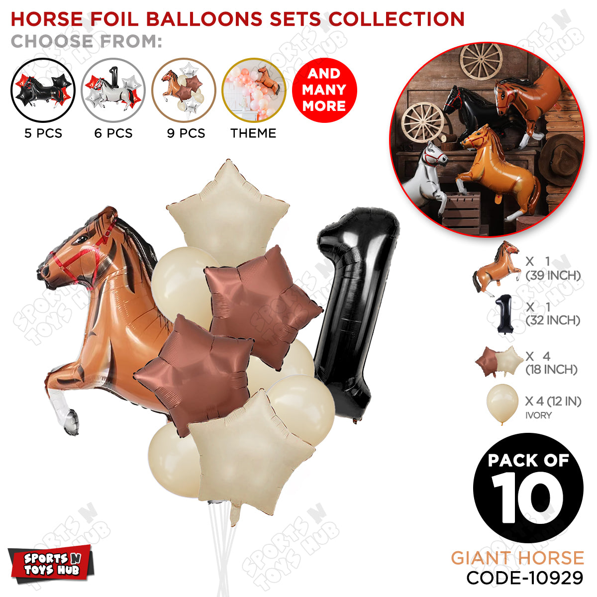 Giant Horse Brown Color Pack Of 10 Balloon Set With 32 Inch Foil Number Balloon