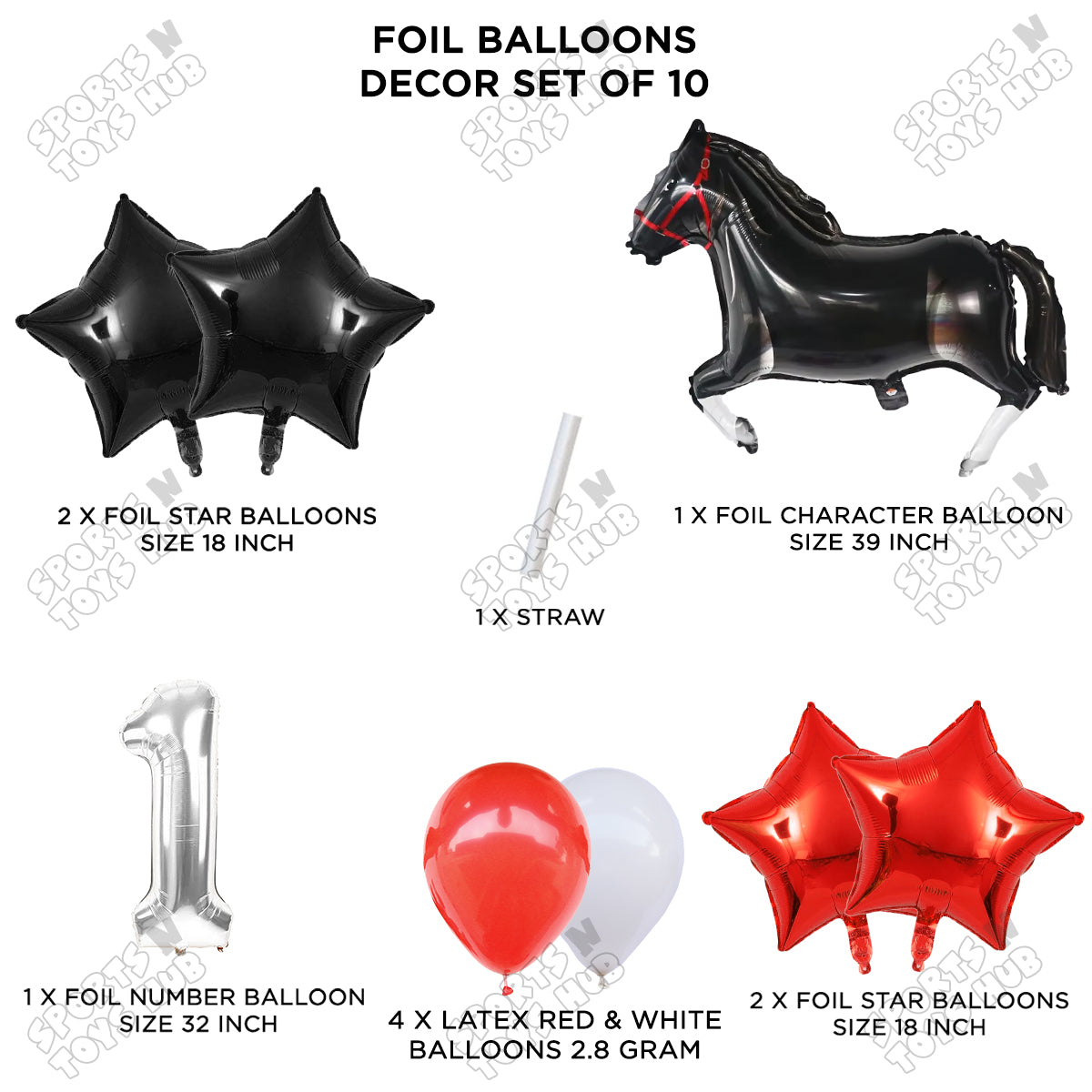 Giant Horse Black Color Pack Of 10 Balloon Set With 32 Inch Foil Number Balloon