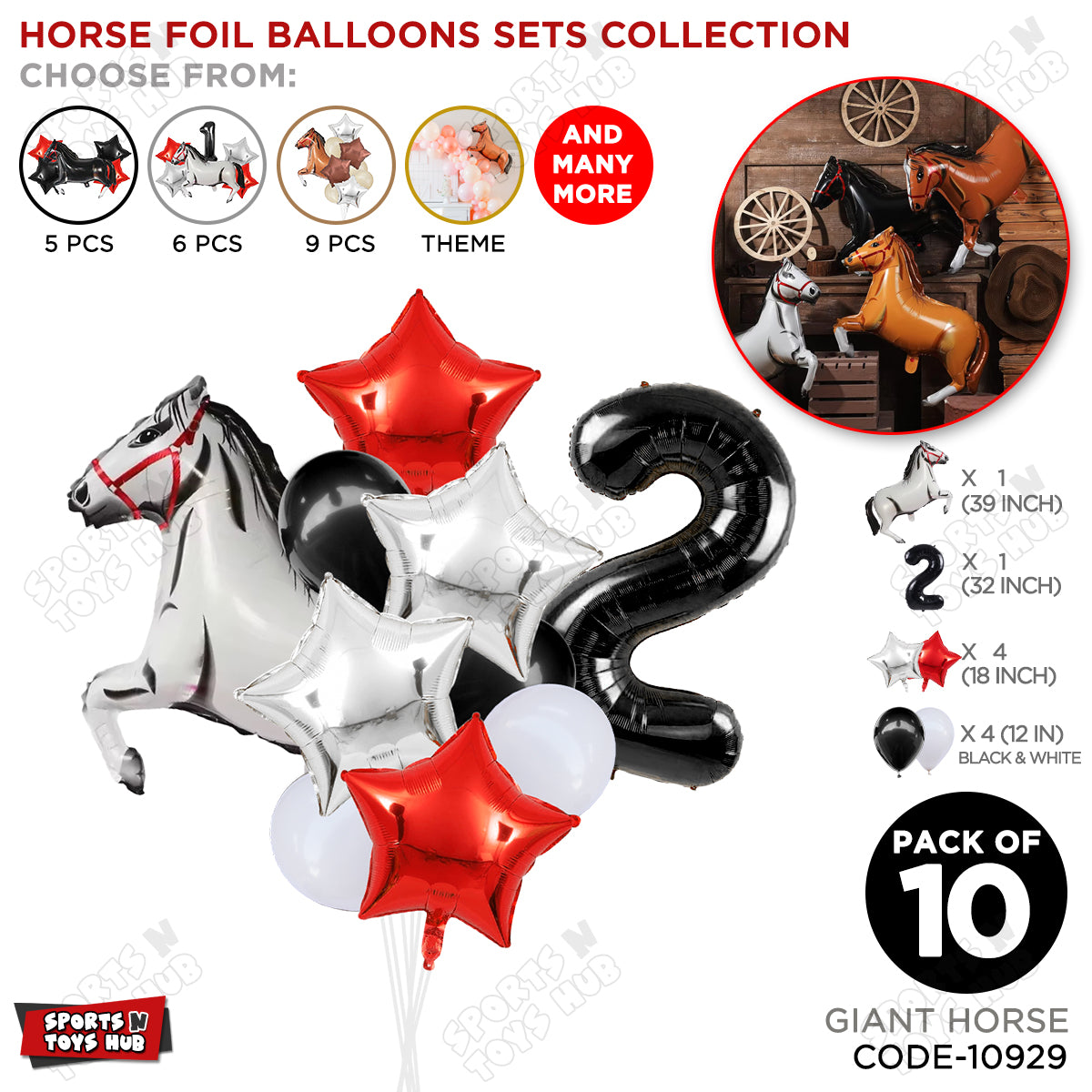 Giant Horse White Color Pack Of 10 Balloon Set With 32 Inch Foil Number Balloon