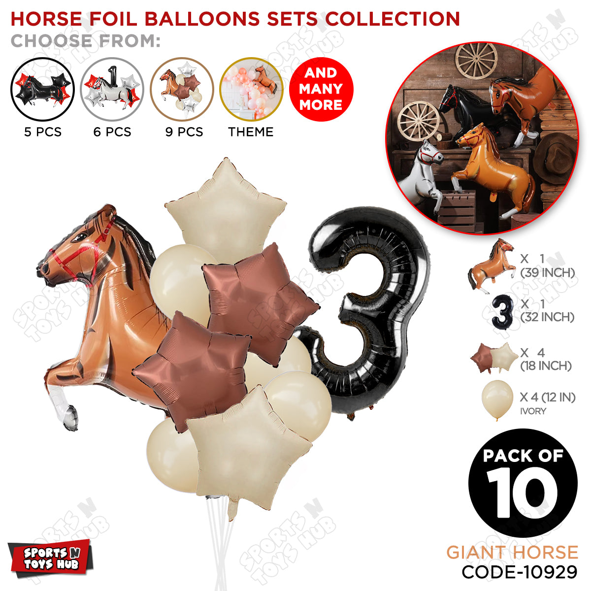Giant Horse Brown Color Pack Of 10 Balloon Set With 32 Inch Foil Number Balloon