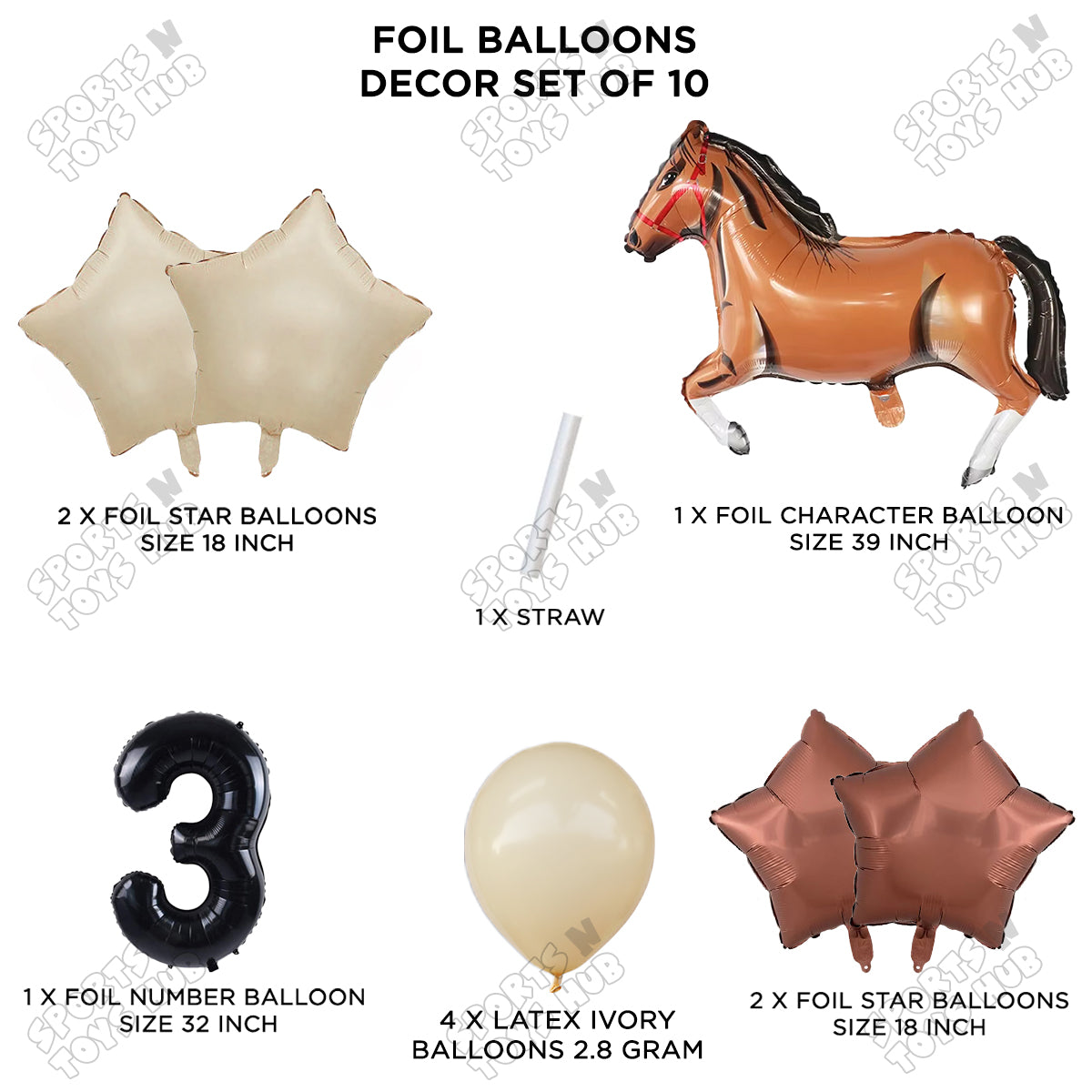 Giant Horse Brown Color Pack Of 10 Balloon Set With 32 Inch Foil Number Balloon