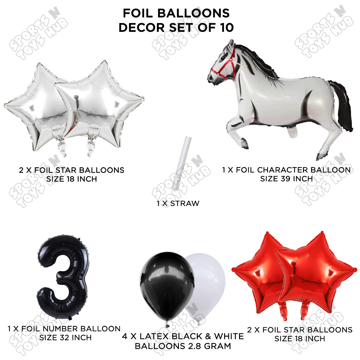 Giant Horse White Color Pack Of 10 Balloon Set With 32 Inch Foil Number Balloon