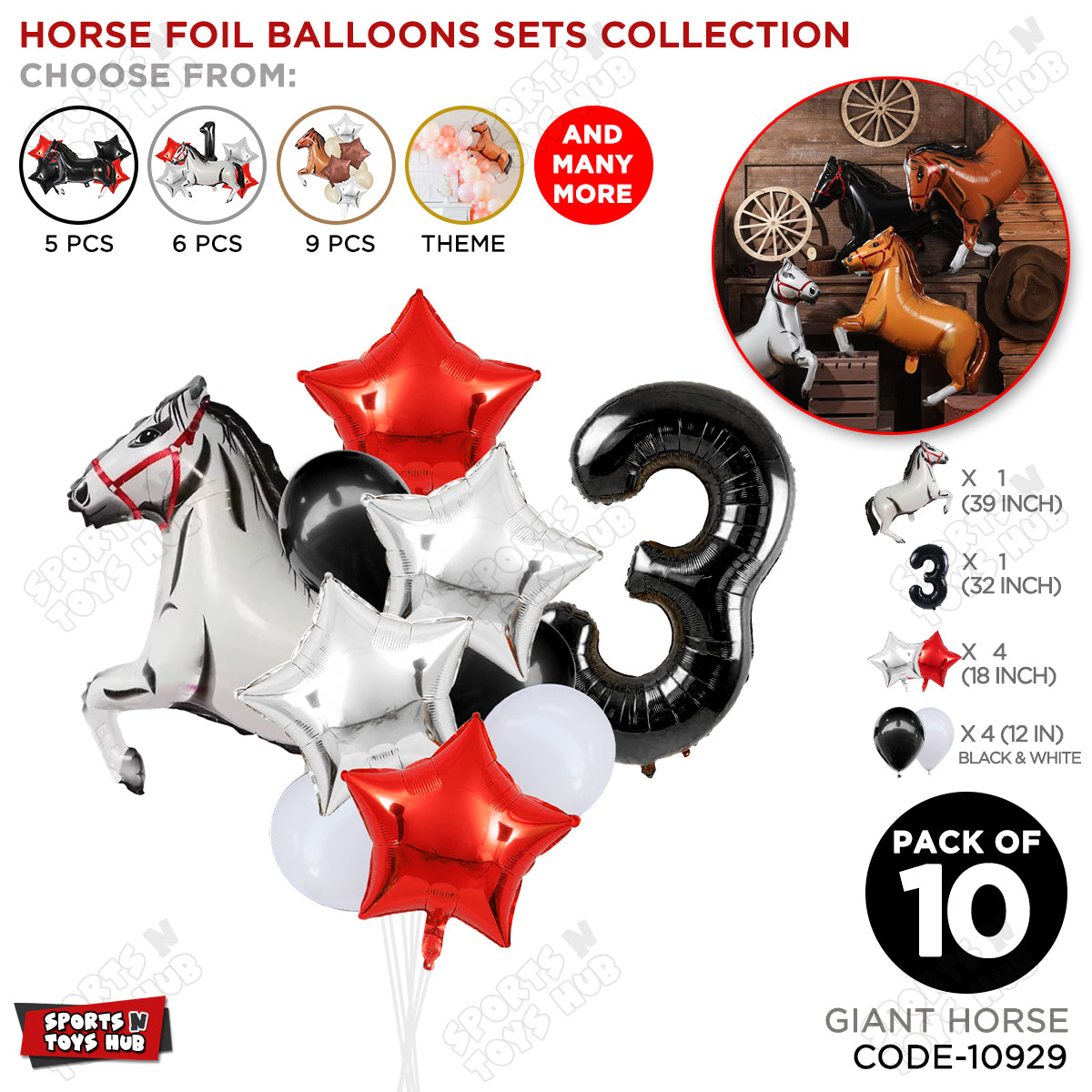 Giant Horse White Color Pack Of 10 Balloon Set With 32 Inch Foil Number Balloon