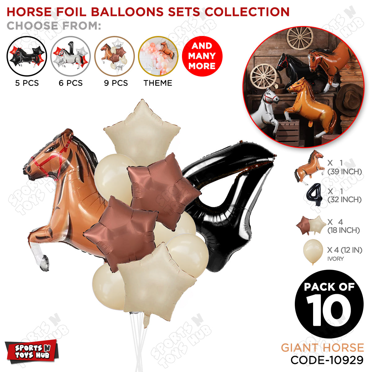 Giant Horse Brown Color Pack Of 10 Balloon Set With 32 Inch Foil Number Balloon