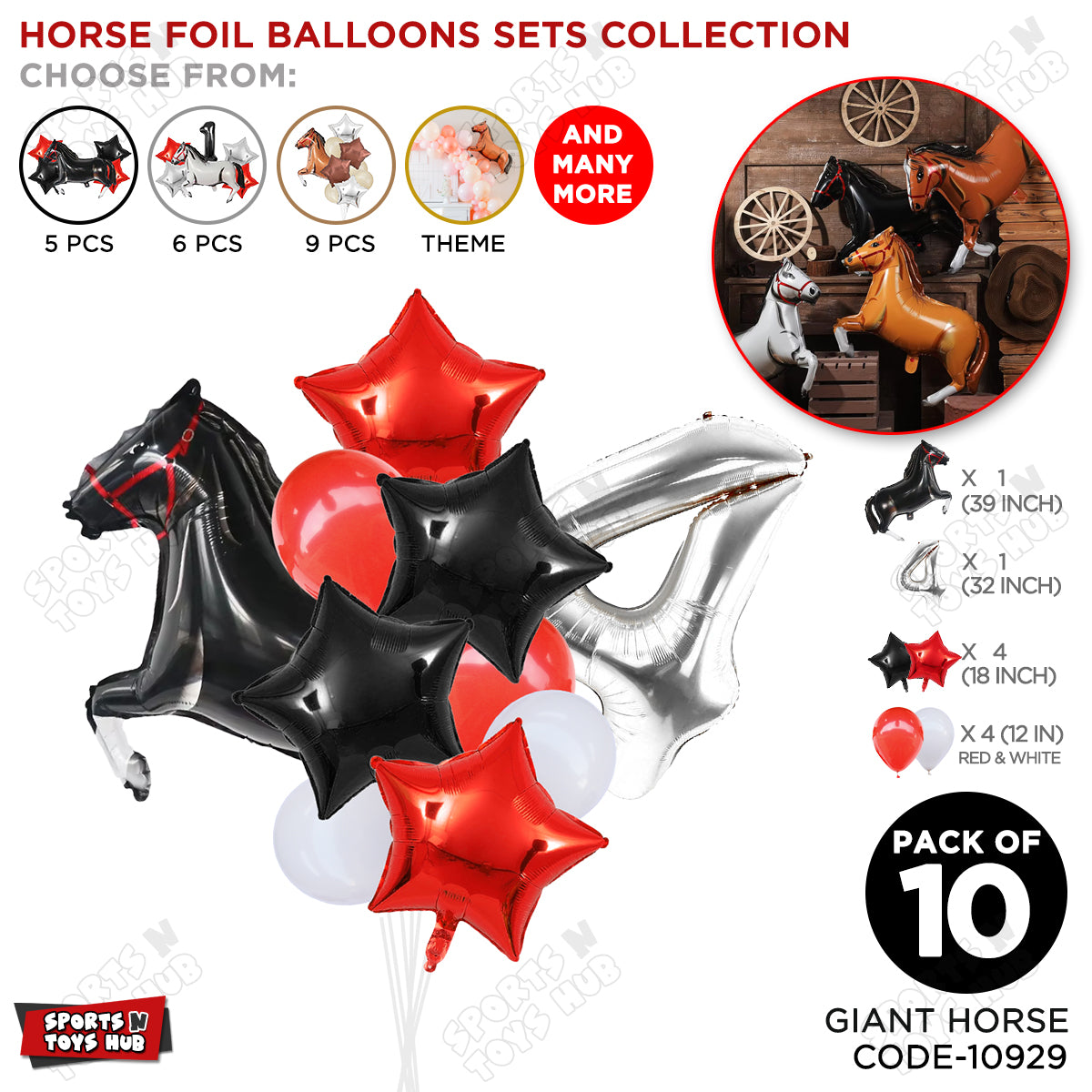 Giant Horse Black Color Pack Of 10 Balloon Set With 32 Inch Foil Number Balloon