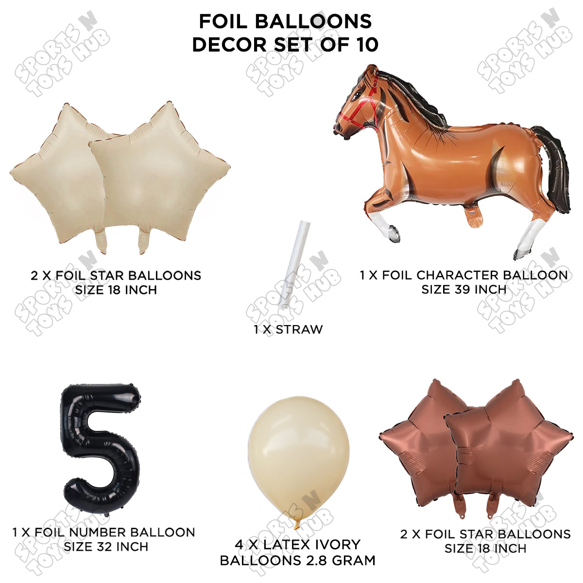 Giant Horse Brown Color Pack Of 10 Balloon Set With 32 Inch Foil Number Balloon