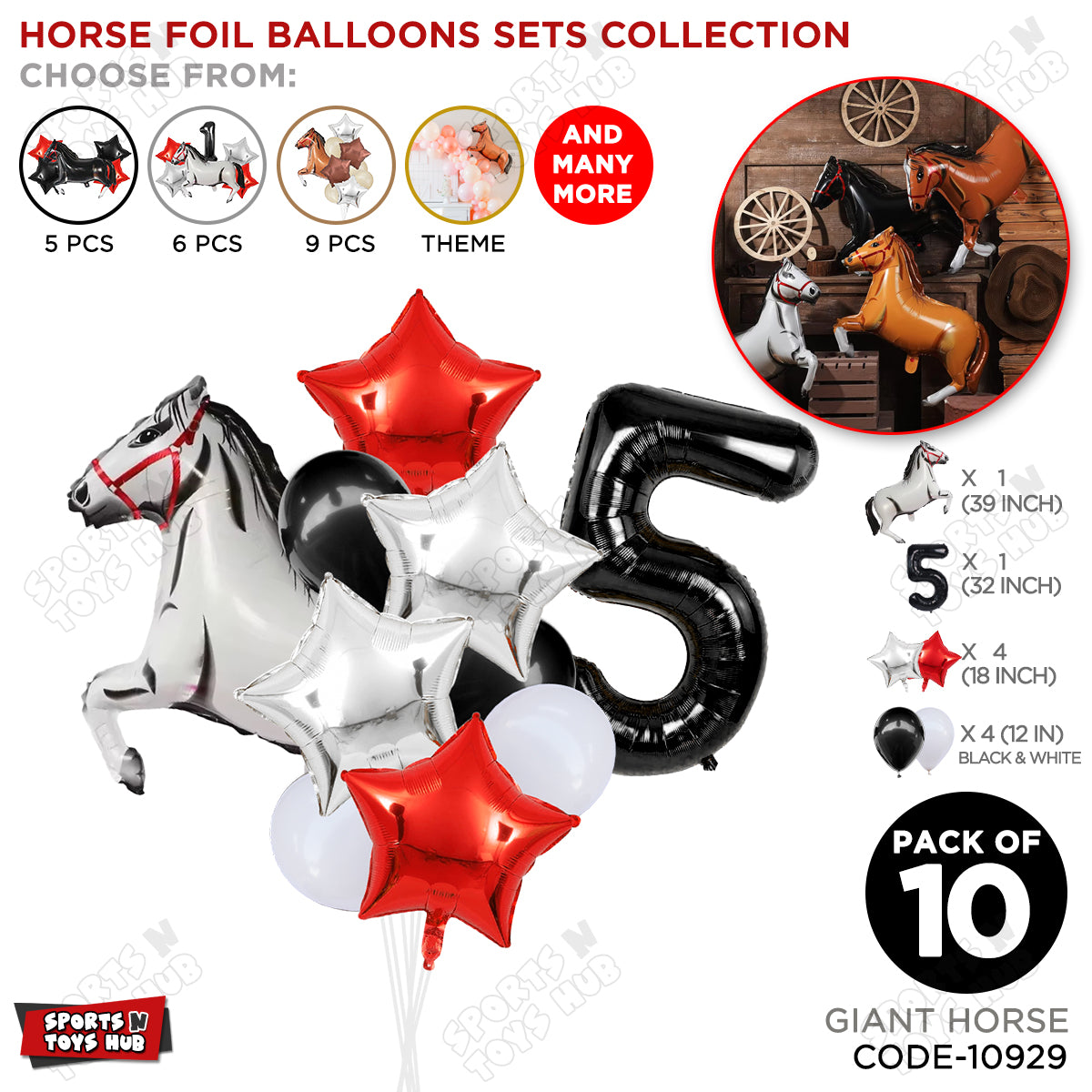 Giant Horse White Color Pack Of 10 Balloon Set With 32 Inch Foil Number Balloon