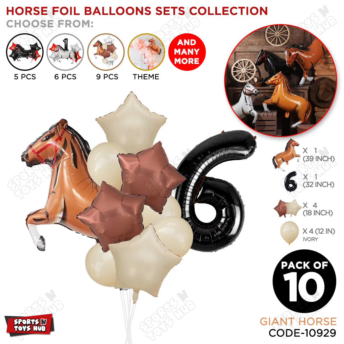 Giant Horse Brown Color Pack Of 10 Balloon Set With 32 Inch Foil Number Balloon