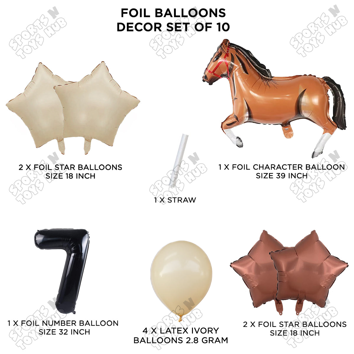 Giant Horse Brown Color Pack Of 10 Balloon Set With 32 Inch Foil Number Balloon