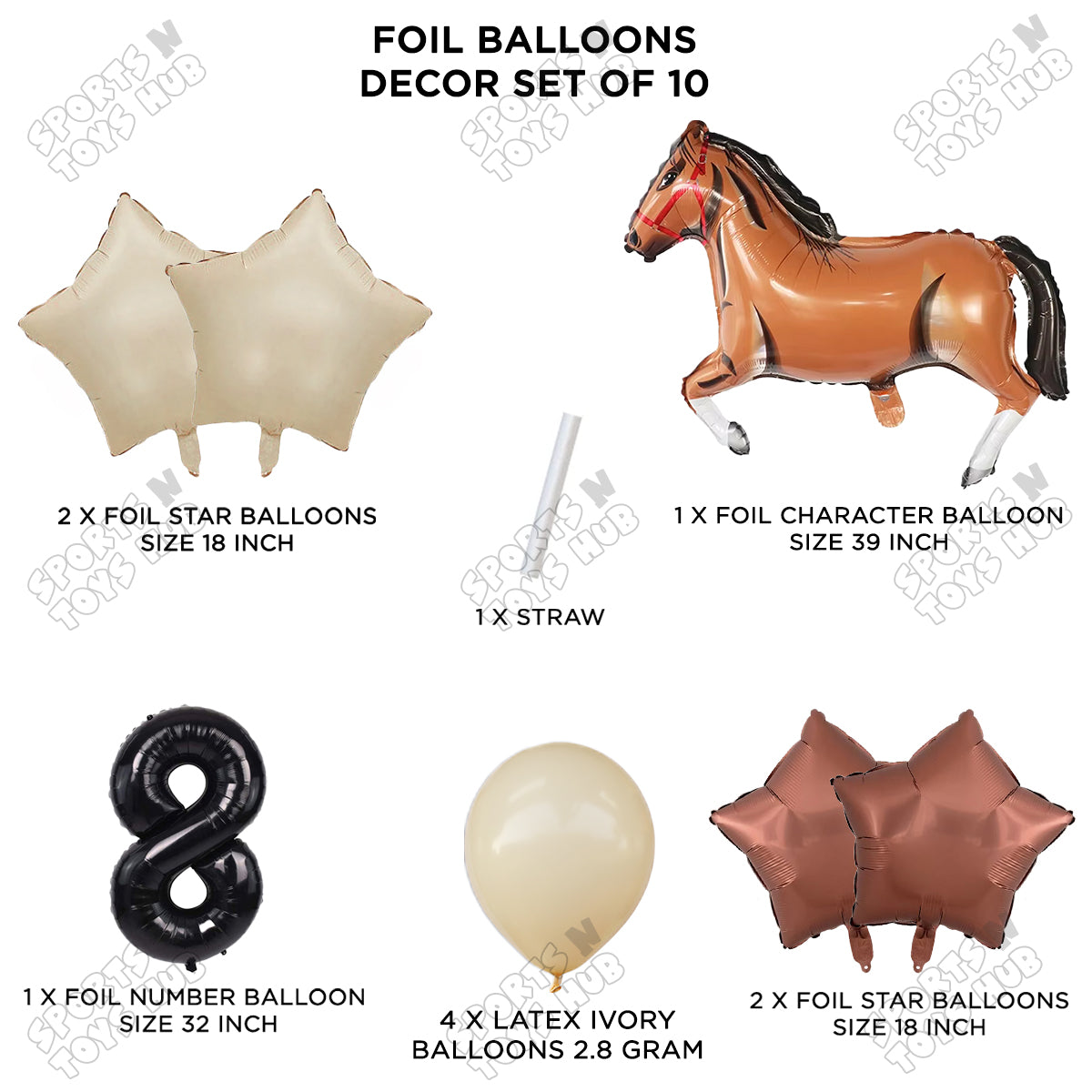 Giant Horse Brown Color Pack Of 10 Balloon Set With 32 Inch Foil Number Balloon