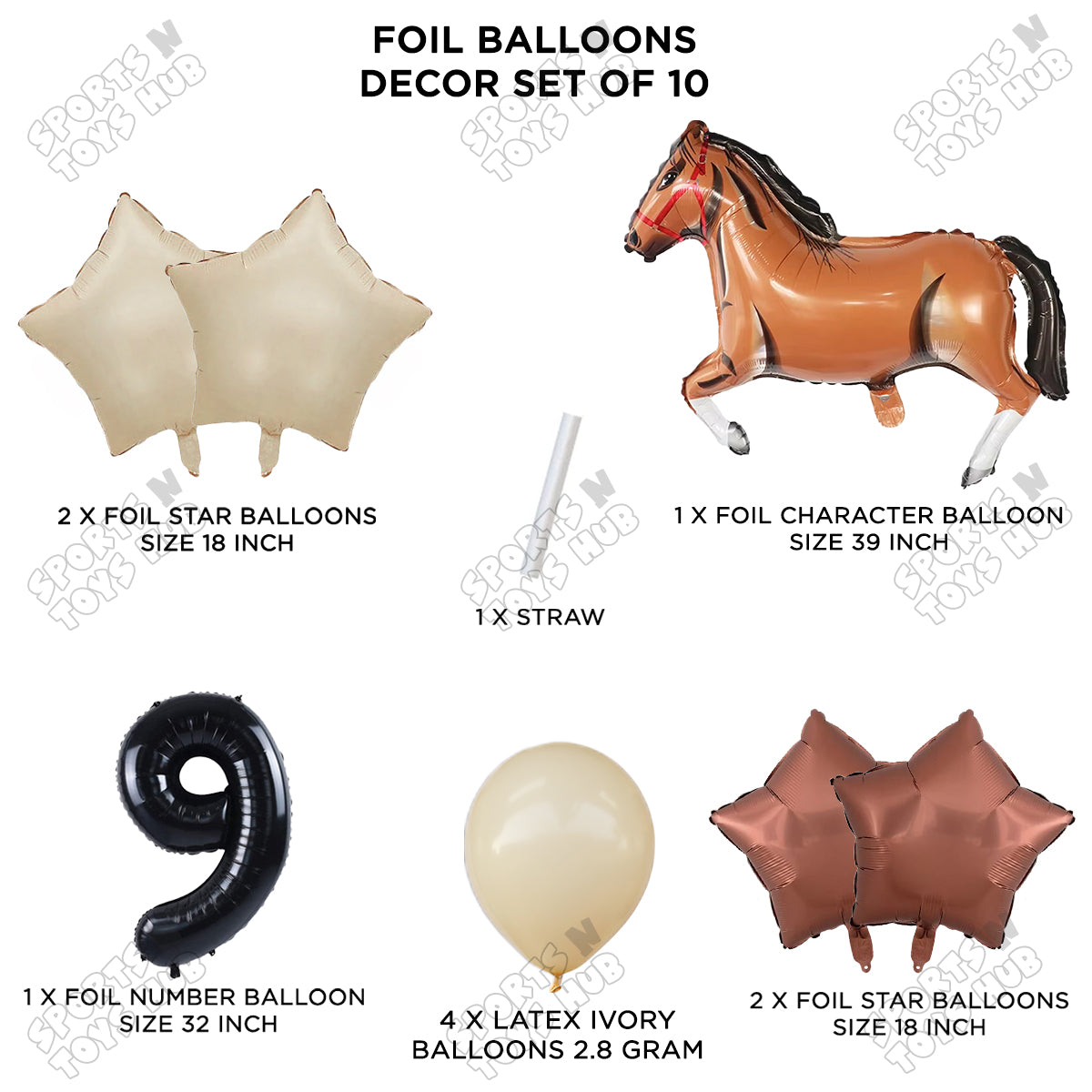 Giant Horse Brown Color Pack Of 10 Balloon Set With 32 Inch Foil Number Balloon
