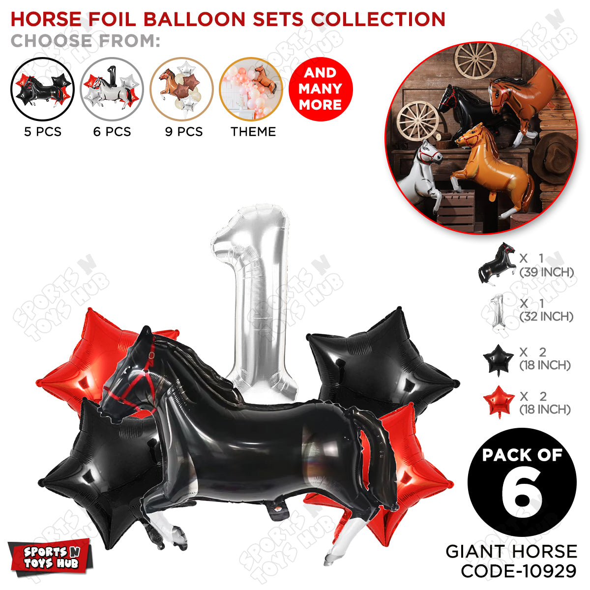 Giant Horse Black Foil Balloon Kit Pack of 6 with 32 Inch Number Balloon – Horse Birthday Party Decoration Set for Kids Celebration