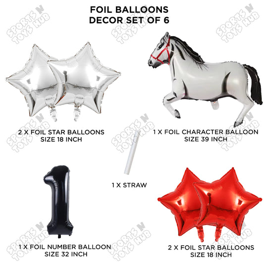 White Horse Theme Birthday Foil Balloon Set Pack of 6 with 32 Inch Number Foil Balloon – Horse Birthday Party Decorations for Kids, Boys & Girls