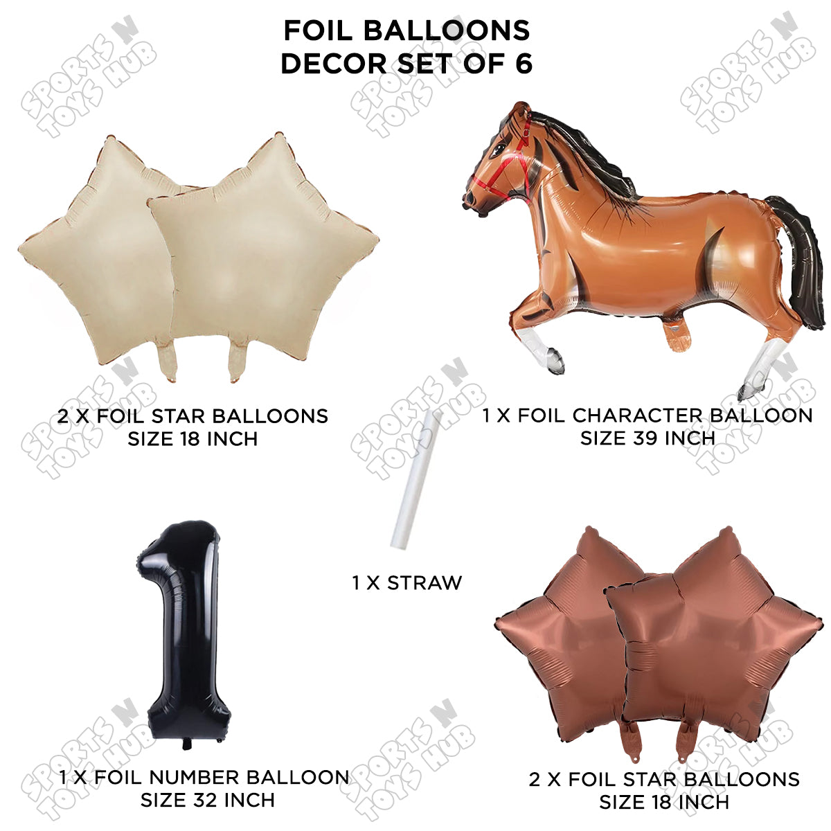 Giant Horse Brown Color Pack Of 6 Balloon Set With 32 Inch Foil Number Balloon