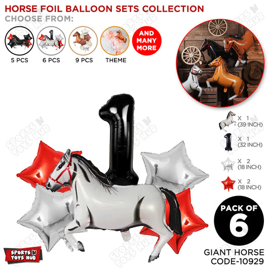 White Horse Theme Birthday Foil Balloon Set Pack of 6 with 32 Inch Number Foil Balloon – Horse Birthday Party Decorations for Kids, Boys & Girls