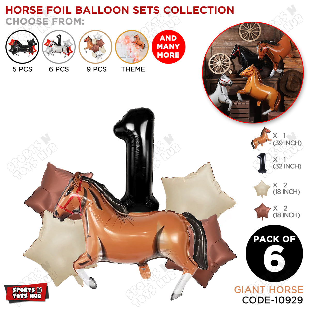 Giant Horse Brown Color Pack Of 6 Balloon Set With 32 Inch Foil Number Balloon