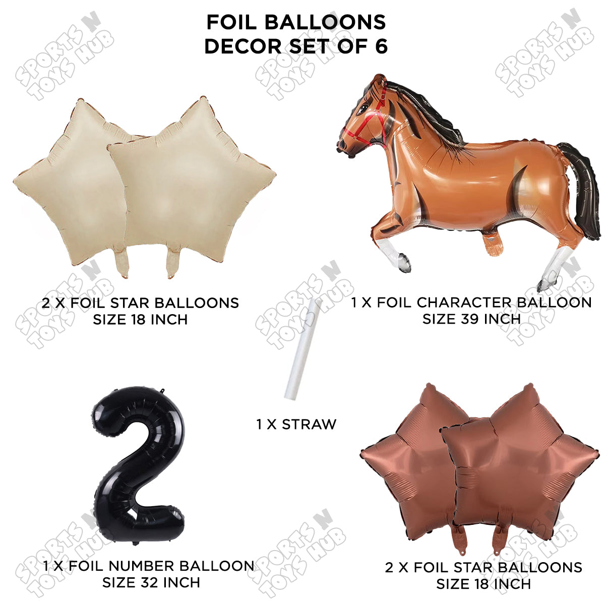Giant Horse Brown Color Pack Of 6 Balloon Set With 32 Inch Foil Number Balloon