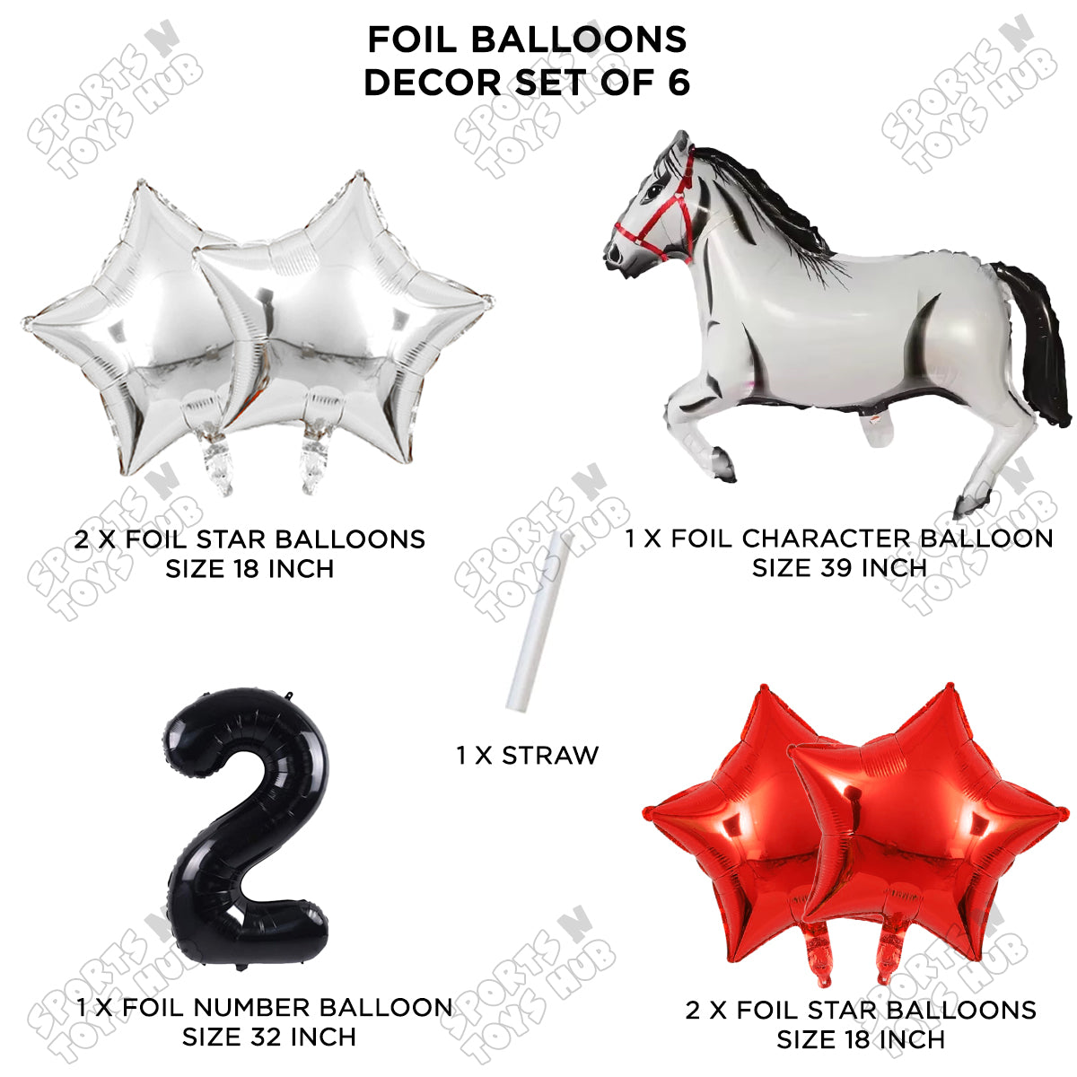 White Horse Theme Birthday Foil Balloon Set Pack of 6 with 32 Inch Number Foil Balloon – Horse Birthday Party Decorations for Kids, Boys & Girls