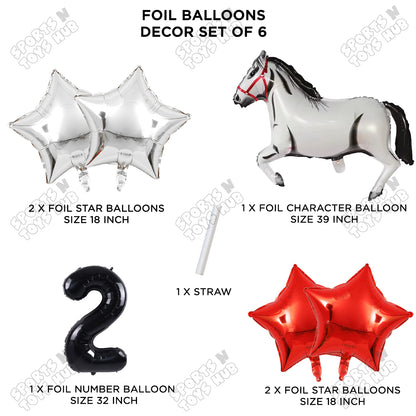 White Horse Theme Birthday Foil Balloon Set Pack of 6 with 32 Inch Number Foil Balloon – Horse Birthday Party Decorations for Kids, Boys & Girls