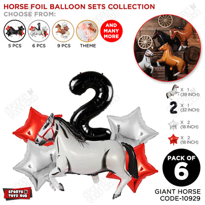 White Horse Theme Birthday Foil Balloon Set Pack of 6 with 32 Inch Number Foil Balloon – Horse Birthday Party Decorations for Kids, Boys & Girls