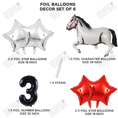 White Horse Theme Birthday Foil Balloon Set Pack of 6 with 32 Inch Number Foil Balloon – Horse Birthday Party Decorations for Kids, Boys & Girls