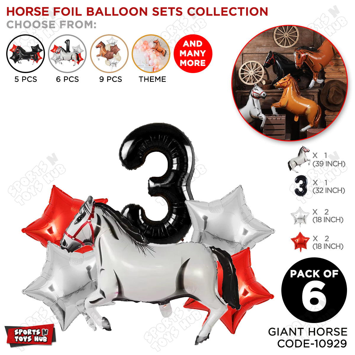 White Horse Theme Birthday Foil Balloon Set Pack of 6 with 32 Inch Number Foil Balloon – Horse Birthday Party Decorations for Kids, Boys & Girls