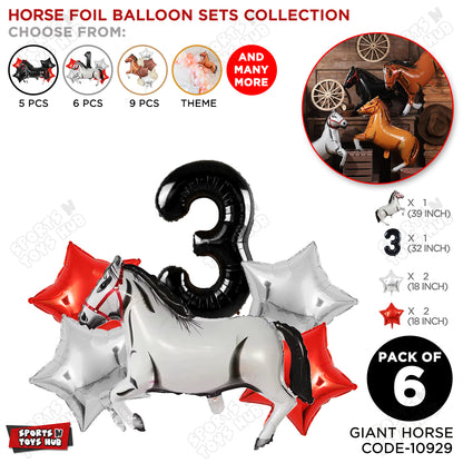 White Horse Theme Birthday Foil Balloon Set Pack of 6 with 32 Inch Number Foil Balloon – Horse Birthday Party Decorations for Kids, Boys & Girls