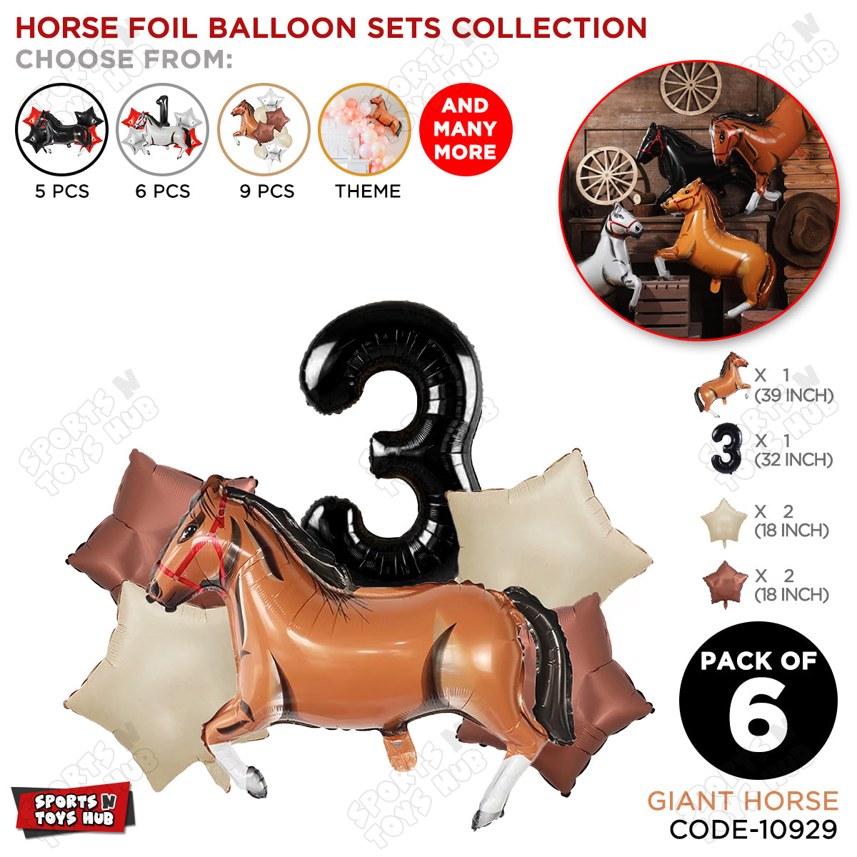 Giant Horse Brown Color Pack Of 6 Balloon Set With 32 Inch Foil Number Balloon