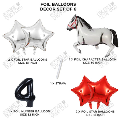 White Horse Theme Birthday Foil Balloon Set Pack of 6 with 32 Inch Number Foil Balloon – Horse Birthday Party Decorations for Kids, Boys & Girls