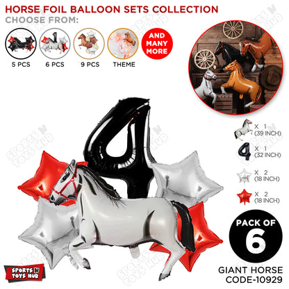 White Horse Theme Birthday Foil Balloon Set Pack of 6 with 32 Inch Number Foil Balloon – Horse Birthday Party Decorations for Kids, Boys & Girls