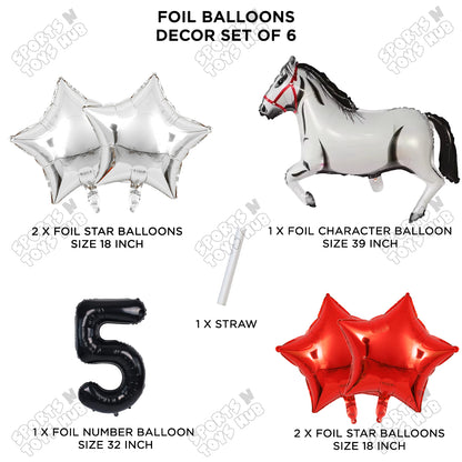 White Horse Theme Birthday Foil Balloon Set Pack of 6 with 32 Inch Number Foil Balloon – Horse Birthday Party Decorations for Kids, Boys & Girls