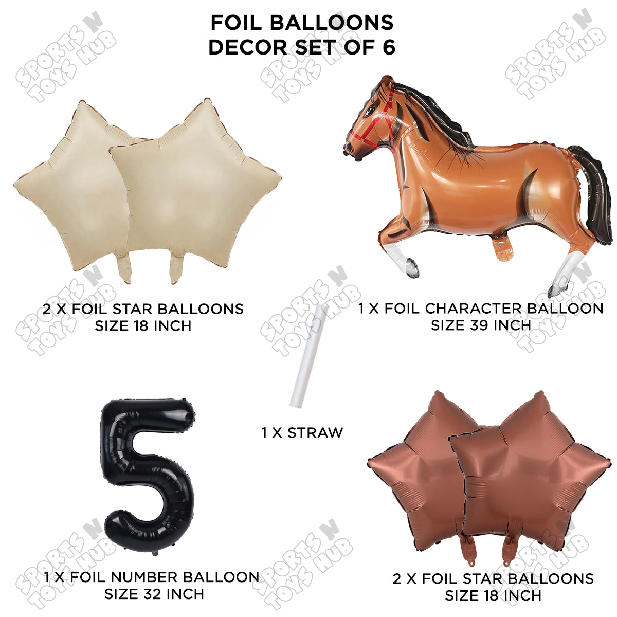 Giant Horse Brown Color Pack Of 6 Balloon Set With 32 Inch Foil Number Balloon