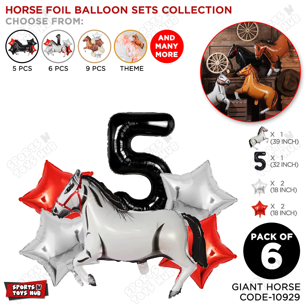 White Horse Theme Birthday Foil Balloon Set Pack of 6 with 32 Inch Number Foil Balloon – Horse Birthday Party Decorations for Kids, Boys & Girls